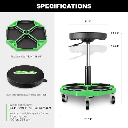 Adjustable Height Pneumatic Garage Seat Rolling Mechanic Stool with Tool Tray Storage