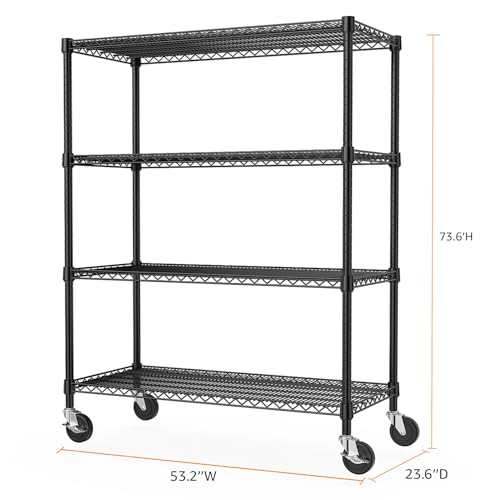 53" W Storage Shelves 1760LBS 4 Tier Metal Shelving Unit with Wheels Heavy Duty Garage Shelving Adjustable Wire Shelves for Pantry