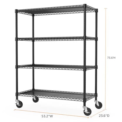 53" W Storage Shelves 1760LBS 4 Tier Metal Shelving Unit with Wheels Heavy Duty Garage Shelving Adjustable Wire Shelves for Pantry