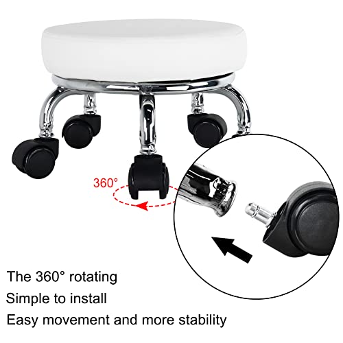 Modern Roller Seat PU Leather Low Round Rolling Stool 360° Swivel Small Seat with Universal Wheels Foot Stool for Home Office Garage Shop Fitness Sport H：8.6" （White）