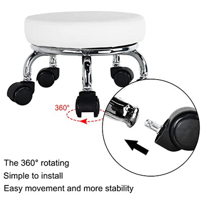 Modern Roller Seat PU Leather Low Round Rolling Stool 360° Swivel Small Seat with Universal Wheels Foot Stool for Home Office Garage Shop Fitness Sport H：8.6" （White）
