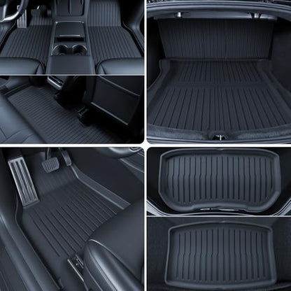 TPE Floor Mats fit for Tesla Model 3 Highland 2024 2025 2026 All Weather Cargo Liner and Cargo Trunk Mats Front Rear Cargo Mat Full Set