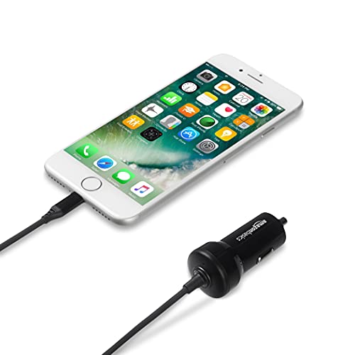 12W (5V, 2.4A) Fast Car Charger with Coiled Lightning Cable, MFi Certified for iPhone, iPad and Apple Devices, 1.5 ft, Black
