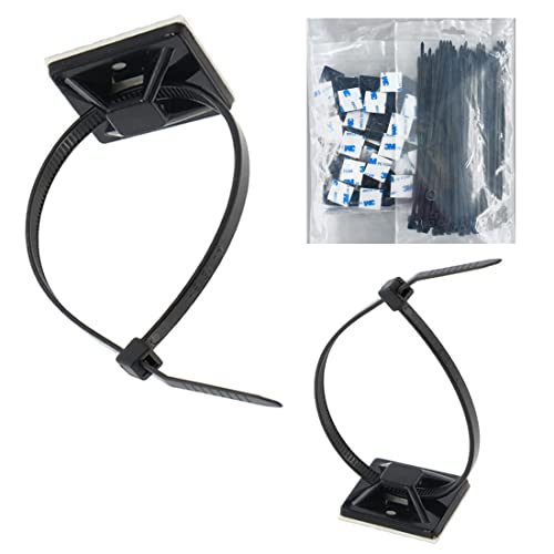 Strong Self Adhesive Wire Clips Cable Zip Tie Mounts 1" with 8 Inch Zipties Black UV Protection Outdoor 100 Pcs (100 Count)