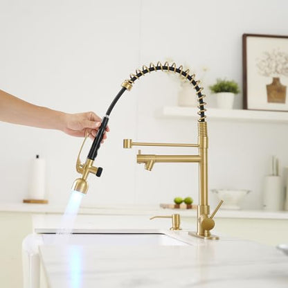 Commercial Kitchen Faucets with Pull Down Sprayer Brushed Gold LED