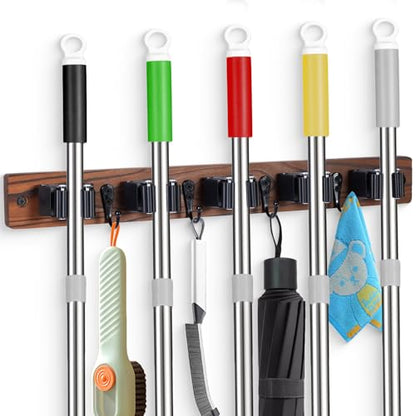 Broom Holder Wall Mount With 5 Slots & 4 Hooks