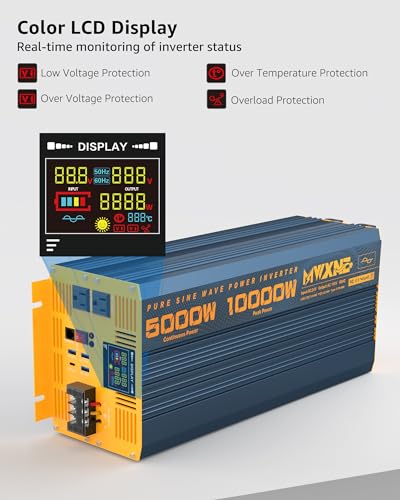 5000 Watt Power Inverter Pure Sine Wave 24V DC to 110V 120V 10000W Peak Heavy Duty Inverter with Remote Control and LED Display