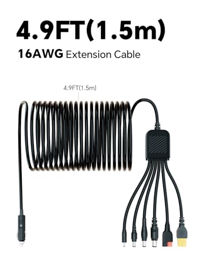 Car Charging Cable Compatible with Jackery Anker EcoFlow 16AWG Car Cigarette Lighter Charger to 6 in 1 Cable Cigarette Lighter Charging for Portable Power Station (6 Foot)