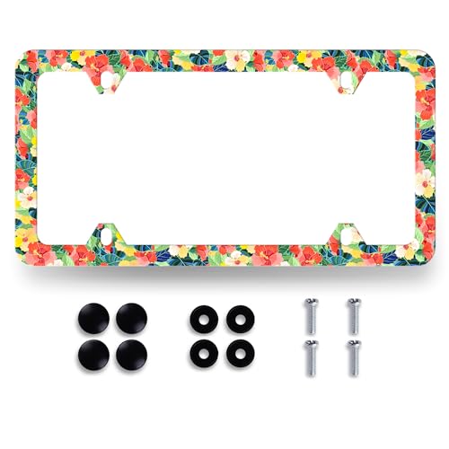 Pink Yellow Hibiscus License Plate Frame Hawaii License Holder with 4 Holes