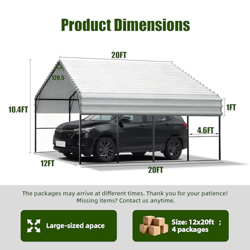 Metal Carport Heavy Duty 12x20ft Outdoor Galvanized Steel Car Port