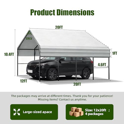 Metal Carport Heavy Duty 12x20ft Outdoor Galvanized Steel Car Port