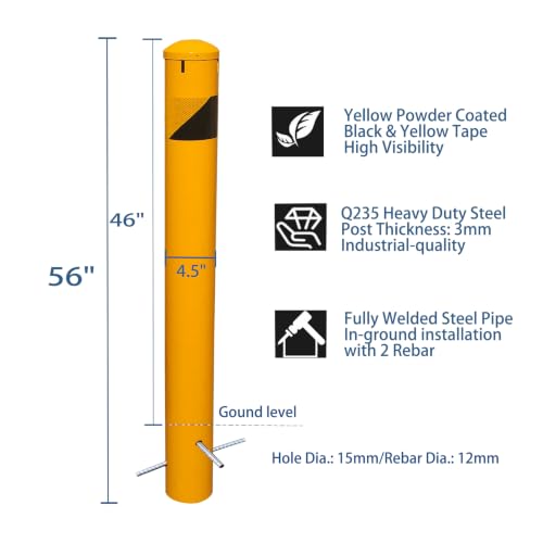 56" High 4-1/2" OD Steel Bollard Post Underground Mount, Cap Removable Safety Bollard Yellow Powder Coat, Metal Bollard Parking, Safety Barrier