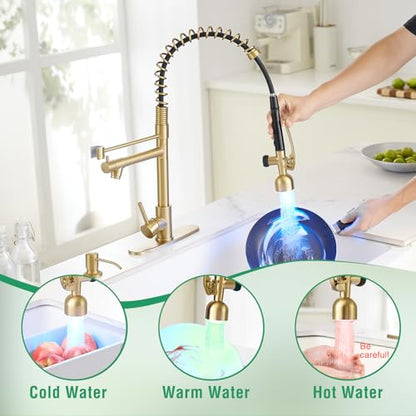 Commercial Kitchen Faucets with Pull Down Sprayer Brushed Gold LED