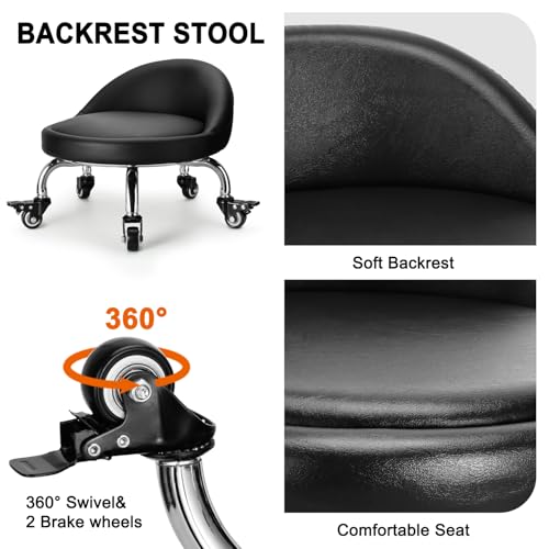 Rolling Stool with Backrest Low Height Rolling Stool with PU Leather