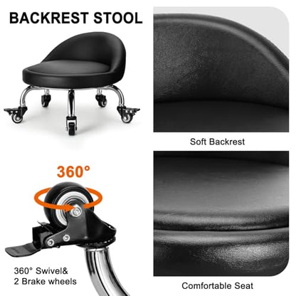 Rolling Stool with Backrest Low Height Rolling Stool with PU Leather