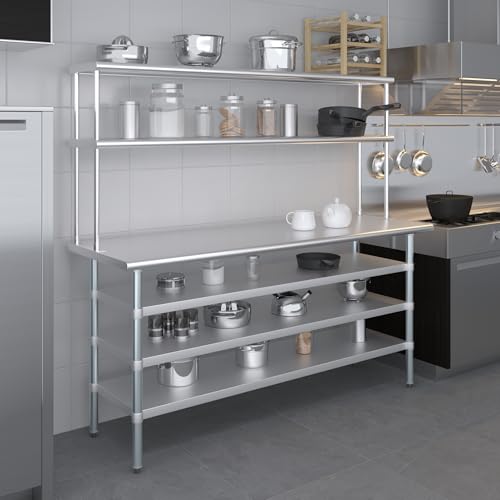 24" x 72" Stainless Steel Work Table with 3 Shelves and 12" Wide Double Tier Overshelf