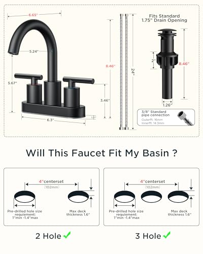 Bathroom Sink Faucet 3 Hole Matte Black 4 Inch Centerset