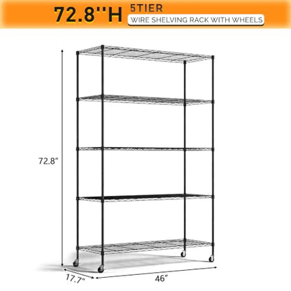 5 Tier Metal Storage Shelves 73''H Wire Shelving with Wheels for Storage Adjustable Heavy Duty Garage Shelving Storage Racks for Pantry Shelves Kitchen Office Garage