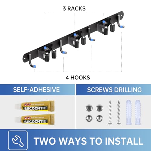 Wall Mount Broom Holder 3 Racks 4 Hooks Metal Tool Organizer Black