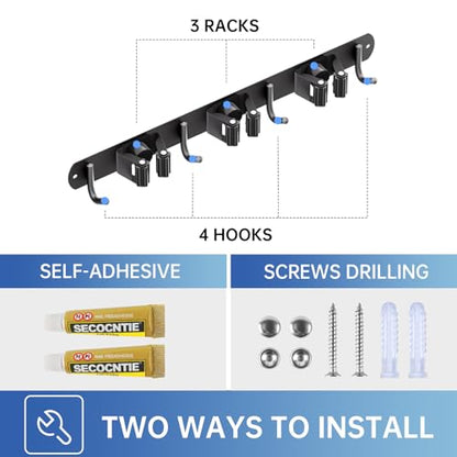 Wall Mount Broom Holder 3 Racks 4 Hooks Metal Tool Organizer Black