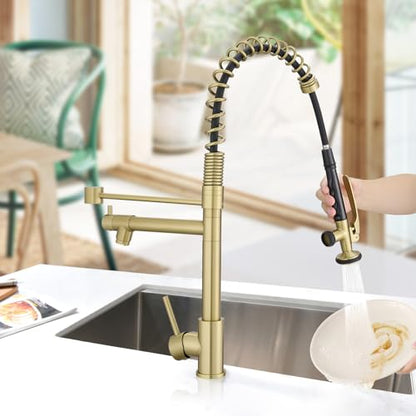 Commercial Brushed Gold Kitchen Faucet with Pull Down Sprayer