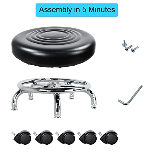 Modern Roller Seat PU Leather Foot Stool Low Round Rolling Stool 360° Step Stool Swivel Small Seat with Universal Wheels for Home Office Garage Shop Fitness Sport H：8.4" （Black）