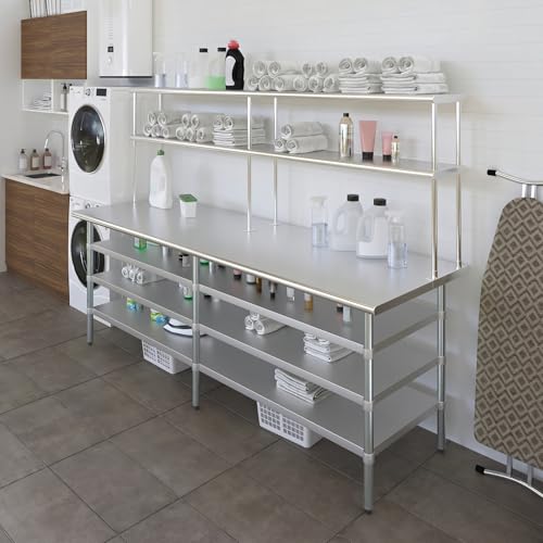30" x 96" Stainless Steel Work Table with 3 Shelves and 12" Wide Double Tier Overshelf