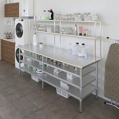 30" x 96" Stainless Steel Work Table with 3 Shelves and 12" Wide Double Tier Overshelf