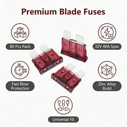 80Pcs) 40 Amp Standard Fuse, 40A Car Blade Fuses for Car/RV/Truck/SUV/Motorcycle/Boat