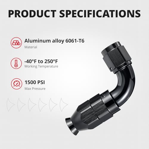 6AN 45 Degree PTFE One Piece Full Flow End Hose Fitting Aluminum Black 2PCS