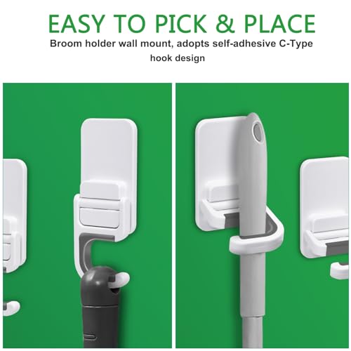 6 pack Broom Holder Wall Mount Mop Holder Broom and Mop Gripper Self Adhesive Peel and Stick Anti (6 Count)