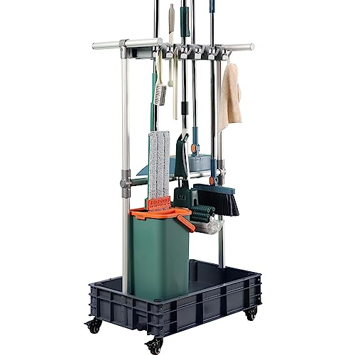 Broom mop Holder Cleaning Supplies Organizer Janitor carts on Wheels Housekeeping Station Storage Tools for Garage
