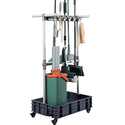 Broom mop Holder Cleaning Supplies Organizer Janitor carts on Wheels Housekeeping Station Storage Tools for Garage