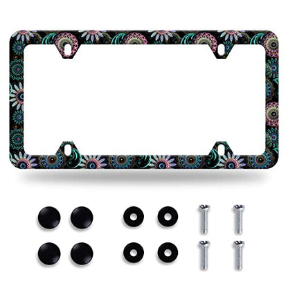 Mandala Flower License Plate Frame Stainless Steel Accessory 12.3x6.3 Inch