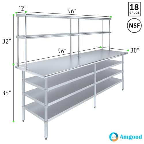 30" x 96" Stainless Steel Work Table with 3 Shelves and 12" Wide Double Tier Overshelf