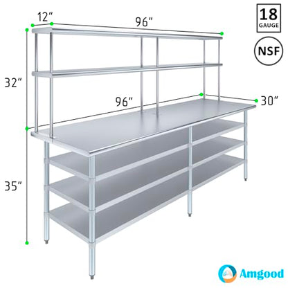 30" x 96" Stainless Steel Work Table with 3 Shelves and 12" Wide Double Tier Overshelf