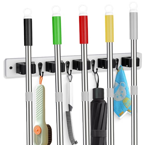 Broom Holder Wall Mount With 5 Slots & 4 Hooks
