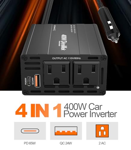 400W Car Power Inverter 12V to 110V AC｜24W+65W USB C