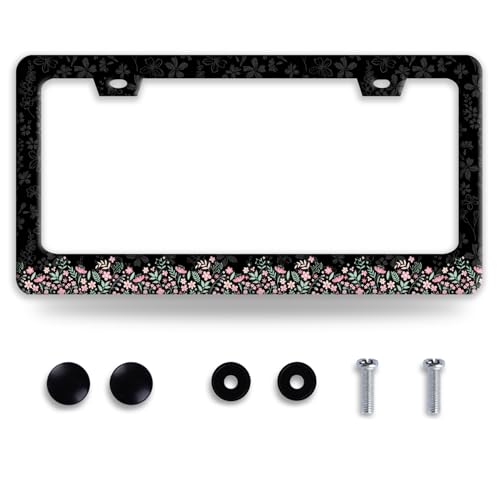 Cute Pink Flowers License Plate Frame Stainless Steel Floral License Holder