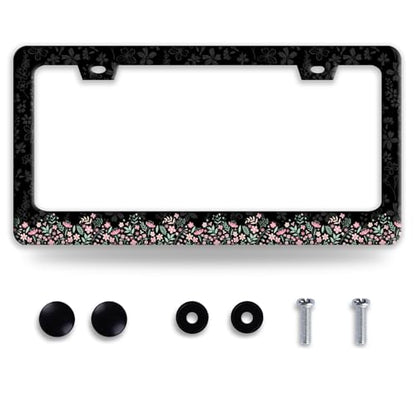 Cute Pink Flowers License Plate Frame Stainless Steel Floral License Holder
