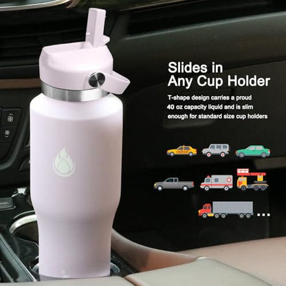 40oz Water Bottle Wide Mouth Stainless Steel Vacuum Insulated Double Wall with 2 Straw Lids Fit in Any Car Cup Holder
