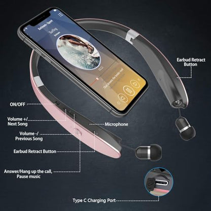 Foldable Bluetooth Headphones Wireless Neckband Headset with Retractable Earbuds