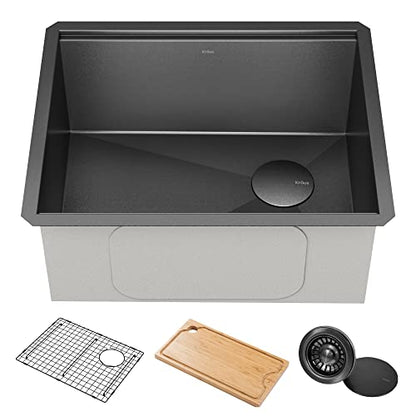 Kore 23 Inch Undermount Workstation 16 Gauge Black Stainless Steel Single Bowl Kitchen Sink in PVD Gunmetal Finish with Accessories