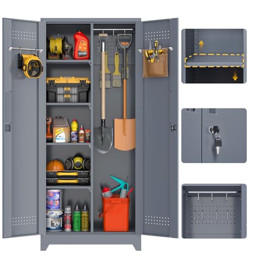 72'' Metal Utility Storage Cabinet with Pegboard & Tool Hanging Bars