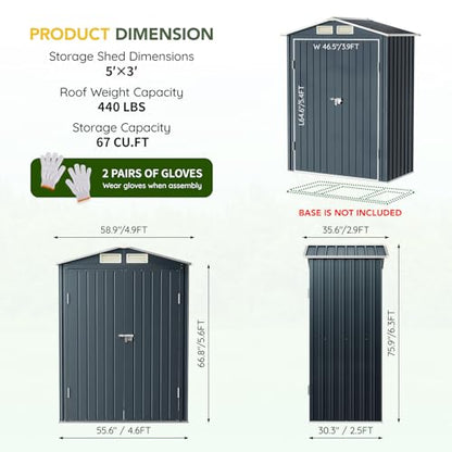5x3FT Vertical Outdoor Steel Storage Shed