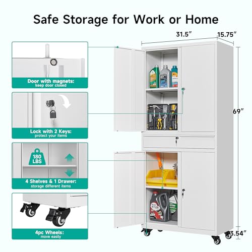 White Metal Storage Cabinet with Wheels and Drawer