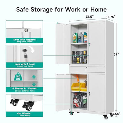 White Metal Storage Cabinet with Wheels and Drawer