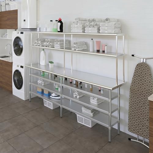 18" x 96" Stainless Steel Work Table with 3 Shelves and 12" Wide Double Tier Overshelf