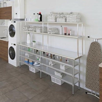 18" x 96" Stainless Steel Work Table with 3 Shelves and 12" Wide Double Tier Overshelf
