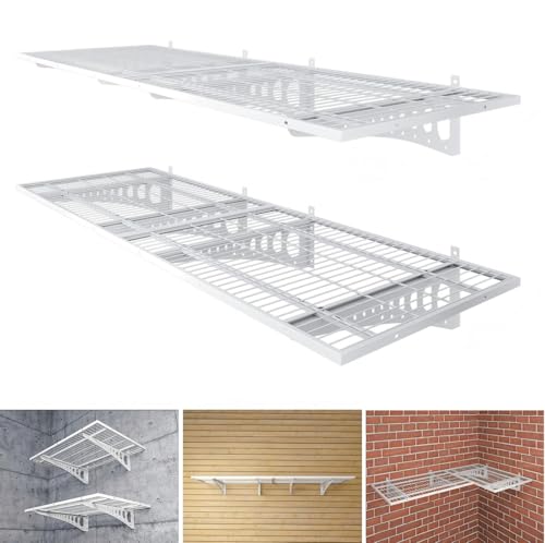 4-Pack 2×3ft(24×36 inch) Garage Wall Shelving, 1000 lbs Load Capacity, Garage Wall Mounted Shelves, Heavy Duty Shelf with Hooks, White